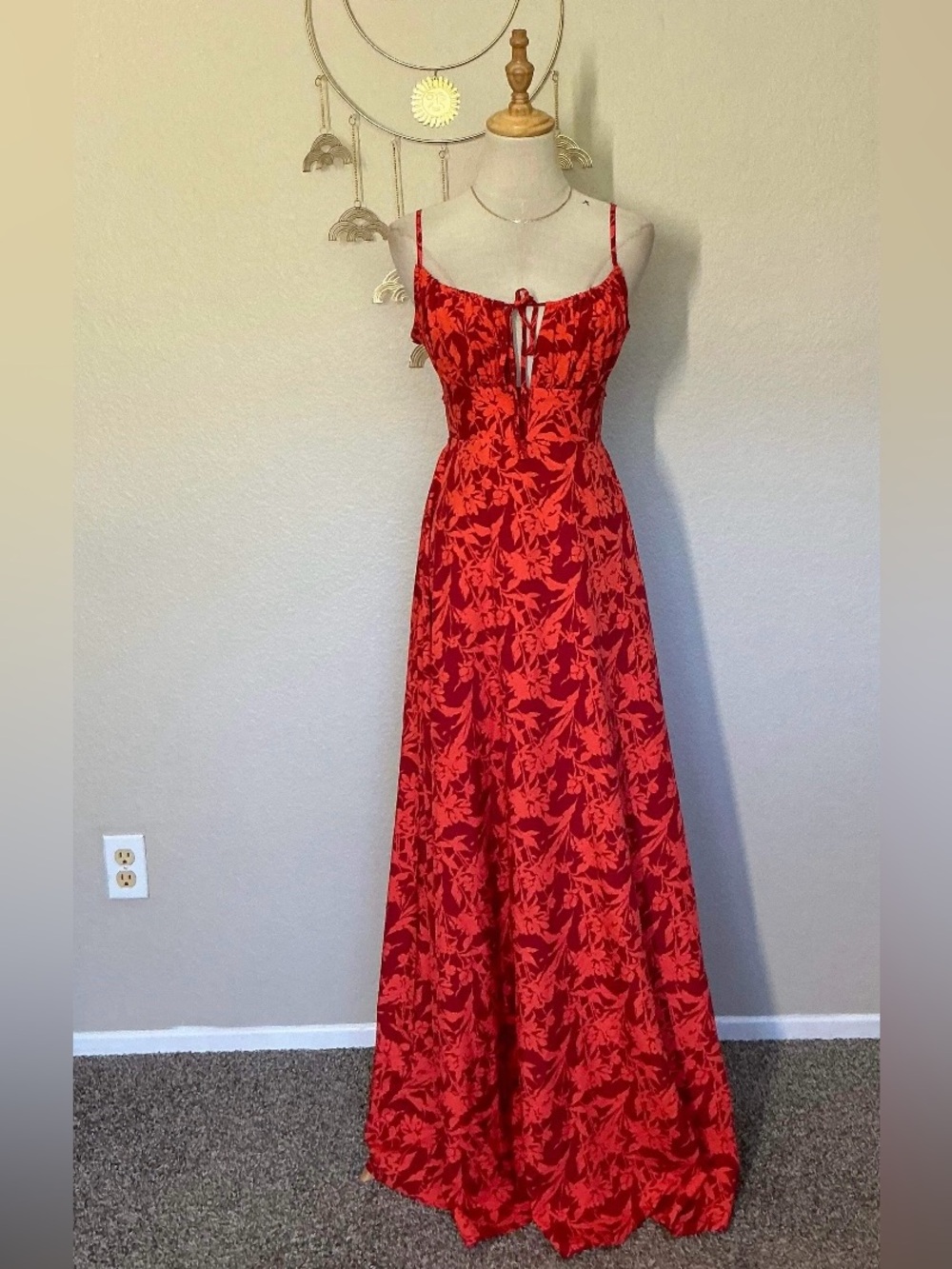 Red Floral Tie-Front Maxi Dress